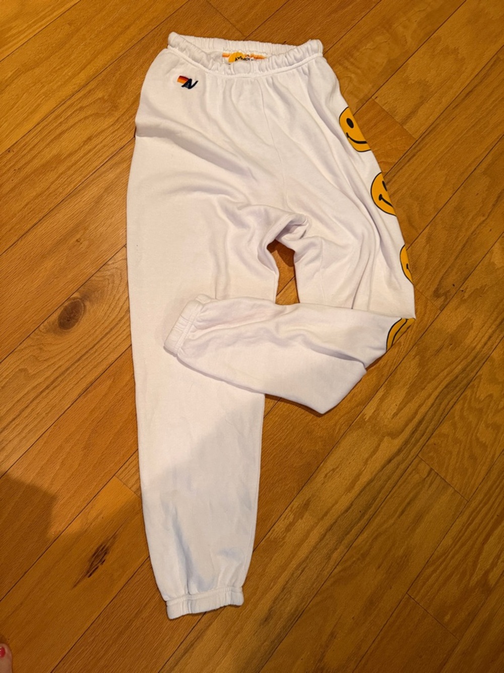 Aviator Nation White Sweatpants with Yellow Smiley Side Stripe